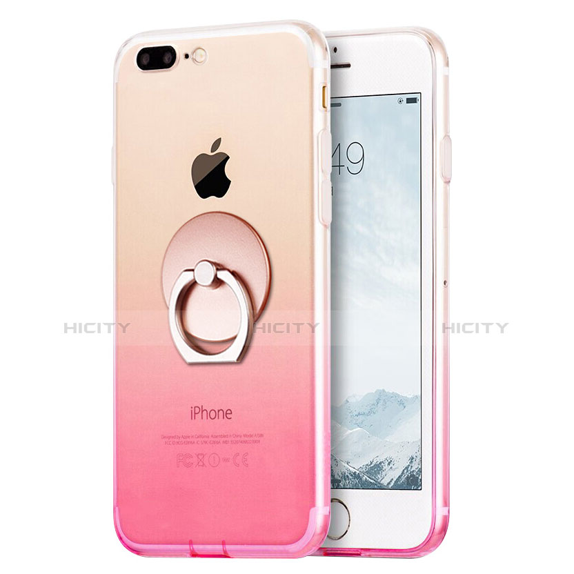 Silikon Hülle Handyhülle Ultra Dünn Schutzhülle Durchsichtig Farbverlauf mit Fingerring Ständer für Apple iPhone 8 Plus Rosa Plus