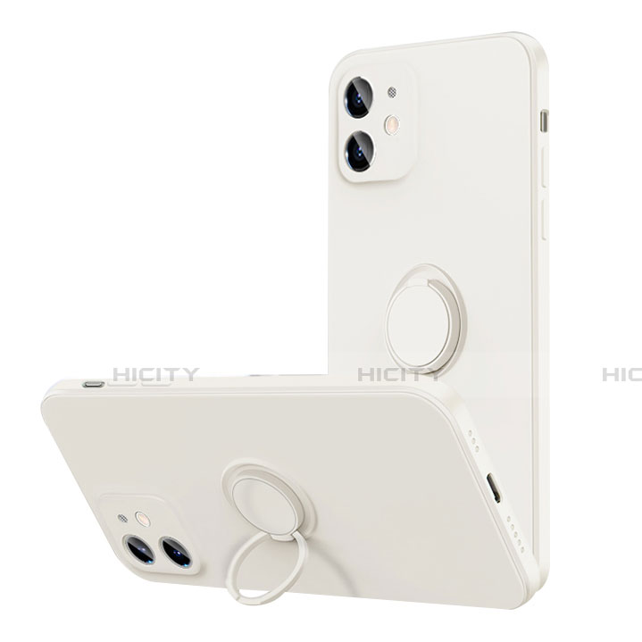 Silikon Hülle Handyhülle Ultra Dünn Schutzhülle Flexible Tasche Silikon mit Magnetisch Fingerring Ständer N01 für Apple iPhone 12 Weiß Plus