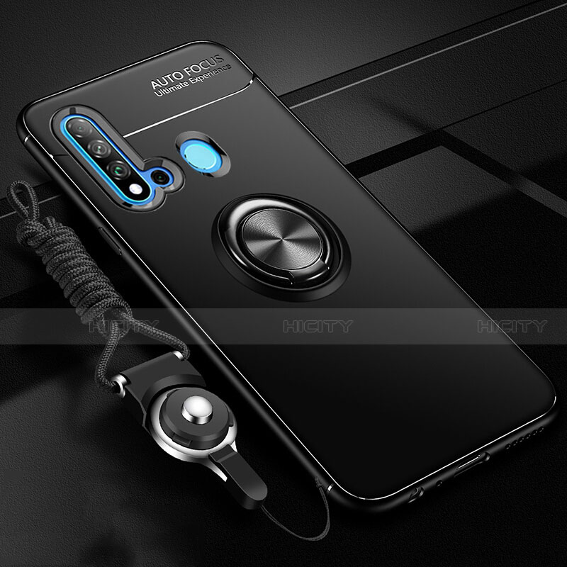 Silikon Hülle Handyhülle Ultra Dünn Schutzhülle Flexible Tasche Silikon mit Magnetisch Fingerring Ständer T01 für Huawei Nova 5i Schwarz Plus