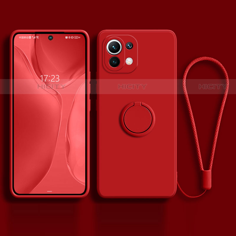 Silikon Hülle Handyhülle Ultra Dünn Schutzhülle Flexible Tasche Silikon mit Magnetisch Fingerring Ständer T03 für Xiaomi Mi 11 5G Rot