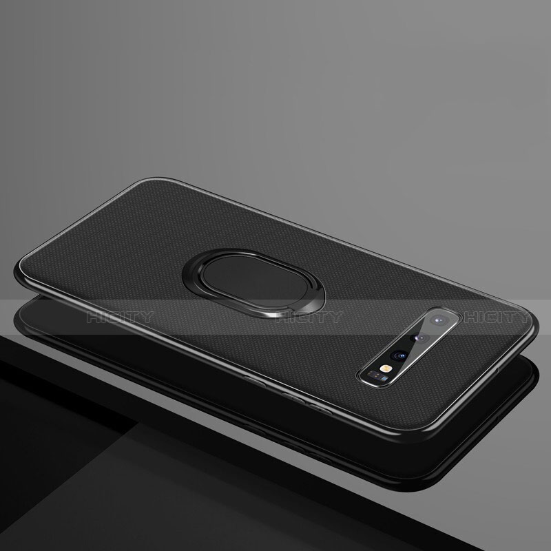 Silikon Hülle Handyhülle Ultra Dünn Schutzhülle Flexible Tasche Silikon mit Magnetisch Fingerring Ständer T04 für Samsung Galaxy S10 Plus Schwarz