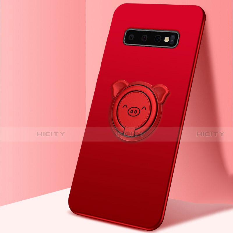 Silikon Hülle Handyhülle Ultra Dünn Schutzhülle Flexible Tasche Silikon mit Magnetisch Fingerring Ständer T06 für Samsung Galaxy S10 Plus Rot
