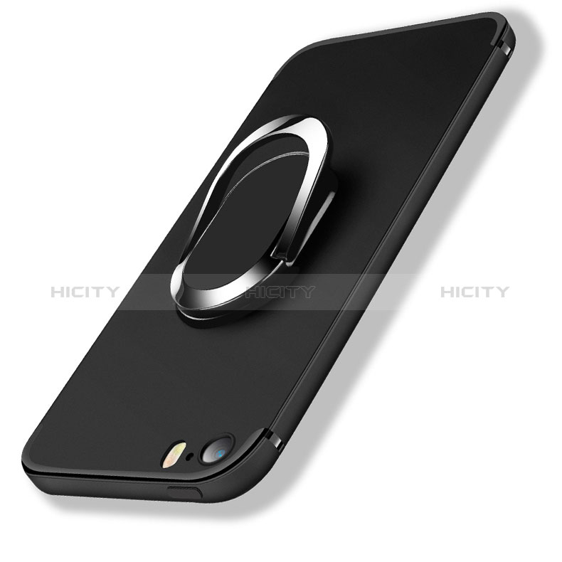 Silikon Hülle Handyhülle Ultra Dünn Schutzhülle Silikon mit Fingerring Ständer A01 für Apple iPhone 5S Schwarz Plus