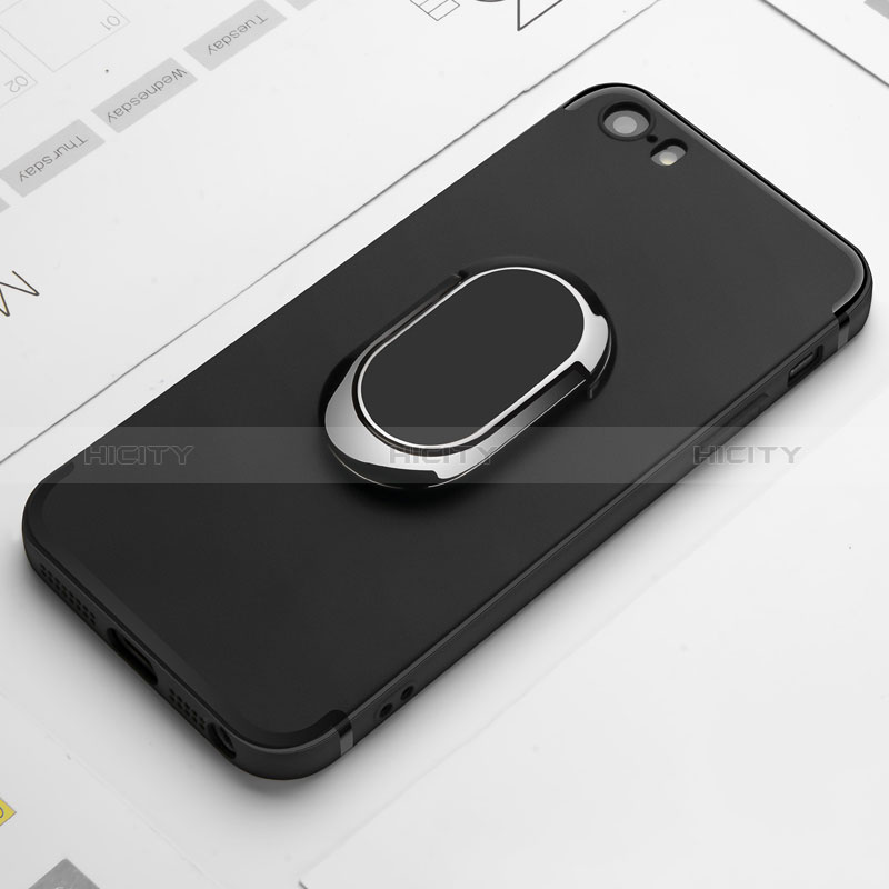 Silikon Hülle Handyhülle Ultra Dünn Schutzhülle Silikon mit Fingerring Ständer A01 für Apple iPhone 5S Schwarz groß