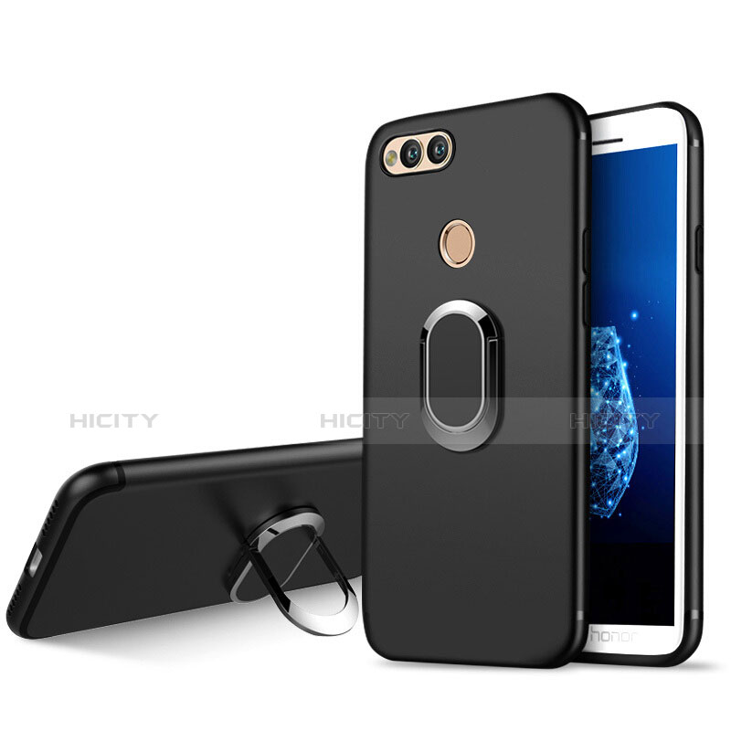 Silikon Hülle Handyhülle Ultra Dünn Schutzhülle Silikon mit Fingerring Ständer A01 für Huawei Honor 7X Schwarz Plus