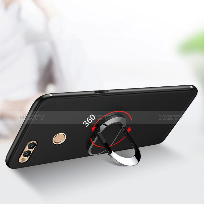 Silikon Hülle Handyhülle Ultra Dünn Schutzhülle Silikon mit Fingerring Ständer A01 für Huawei Honor 7X Schwarz groß