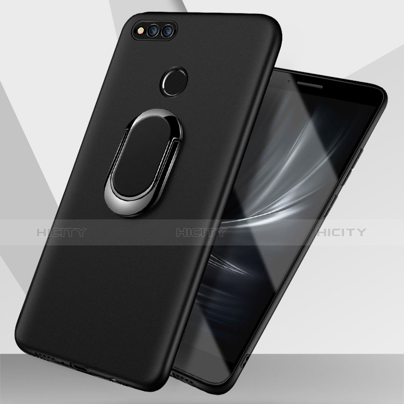 Silikon Hülle Handyhülle Ultra Dünn Schutzhülle Silikon mit Fingerring Ständer für Huawei Honor Play 7X Schwarz