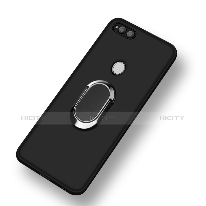 Silikon Hülle Handyhülle Ultra Dünn Schutzhülle Silikon mit Fingerring Ständer für Huawei Honor Play 7X Schwarz