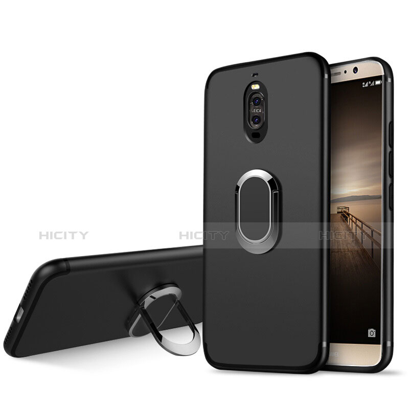 Silikon Hülle Handyhülle Ultra Dünn Schutzhülle Silikon mit Fingerring Ständer für Huawei Mate 9 Pro Schwarz Plus