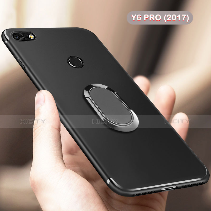 Silikon Hülle Handyhülle Ultra Dünn Schutzhülle Silikon mit Fingerring Ständer für Huawei Y6 Pro (2017) Schwarz
