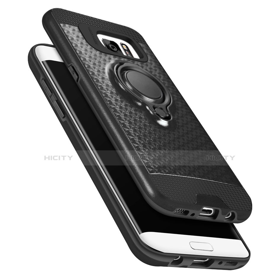 Silikon Hülle Handyhülle Ultra Dünn Schutzhülle Silikon mit Magnetisch Fingerring Ständer A02 für Samsung Galaxy S7 Edge G935F Schwarz