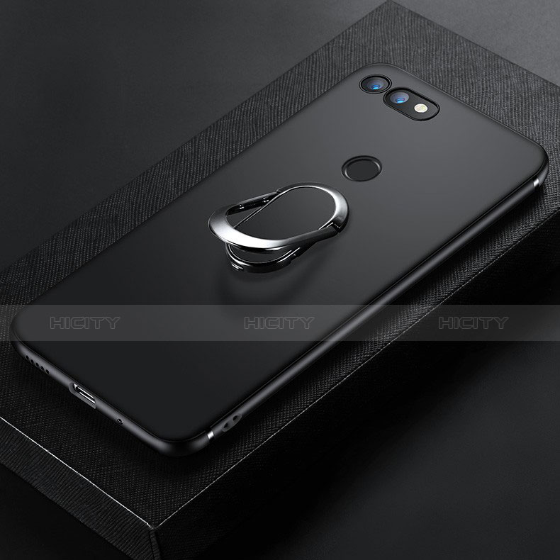 Silikon Hülle Handyhülle Ultra Dünn Schutzhülle Silikon mit Magnetisch Fingerring Ständer für Huawei Honor V20 Schwarz groß