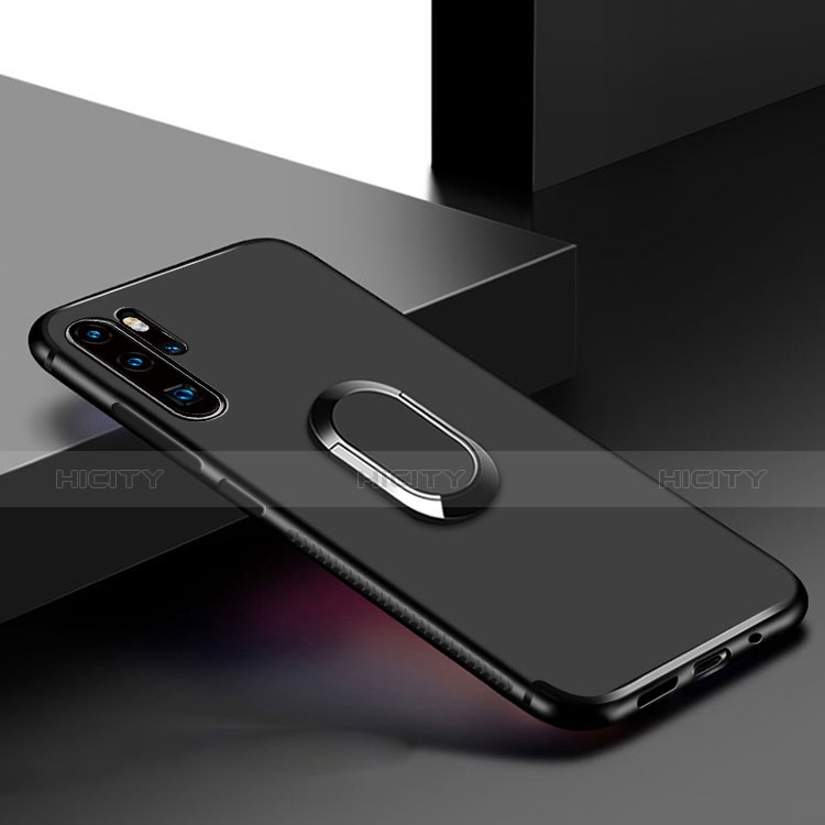 Silikon Hülle Handyhülle Ultra Dünn Schutzhülle Silikon mit Magnetisch Fingerring Ständer für Huawei P30 Pro Schwarz