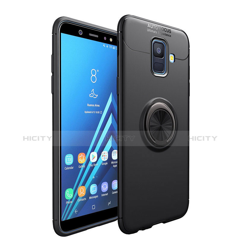 Silikon Hülle Handyhülle Ultra Dünn Schutzhülle Silikon mit Magnetisch Fingerring Ständer für Samsung Galaxy A6 (2018) Dual SIM Schwarz Plus