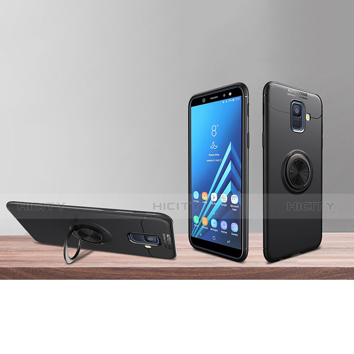 Silikon Hülle Handyhülle Ultra Dünn Schutzhülle Silikon mit Magnetisch Fingerring Ständer für Samsung Galaxy A6 (2018) Dual SIM Schwarz groß