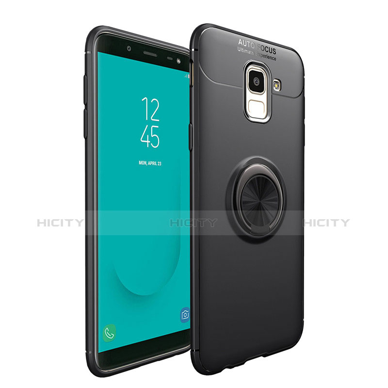 Silikon Hülle Handyhülle Ultra Dünn Schutzhülle Silikon mit Magnetisch Fingerring Ständer für Samsung Galaxy J6 (2018) J600F Schwarz Plus