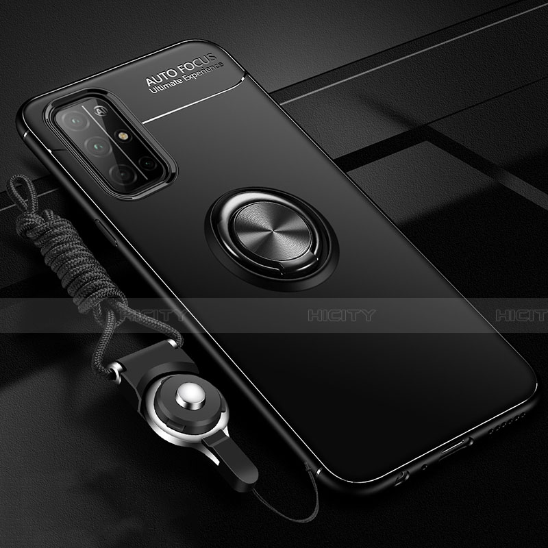 Silikon Hülle Handyhülle Ultra Dünn Schutzhülle Tasche Flexible mit Magnetisch Fingerring Ständer A01 für Huawei Honor 30S Schwarz Plus