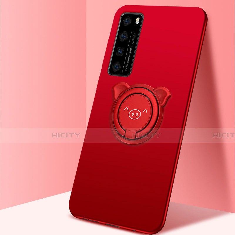 Silikon Hülle Handyhülle Ultra Dünn Schutzhülle Tasche Flexible mit Magnetisch Fingerring Ständer A01 für Huawei Nova 7 5G Rot