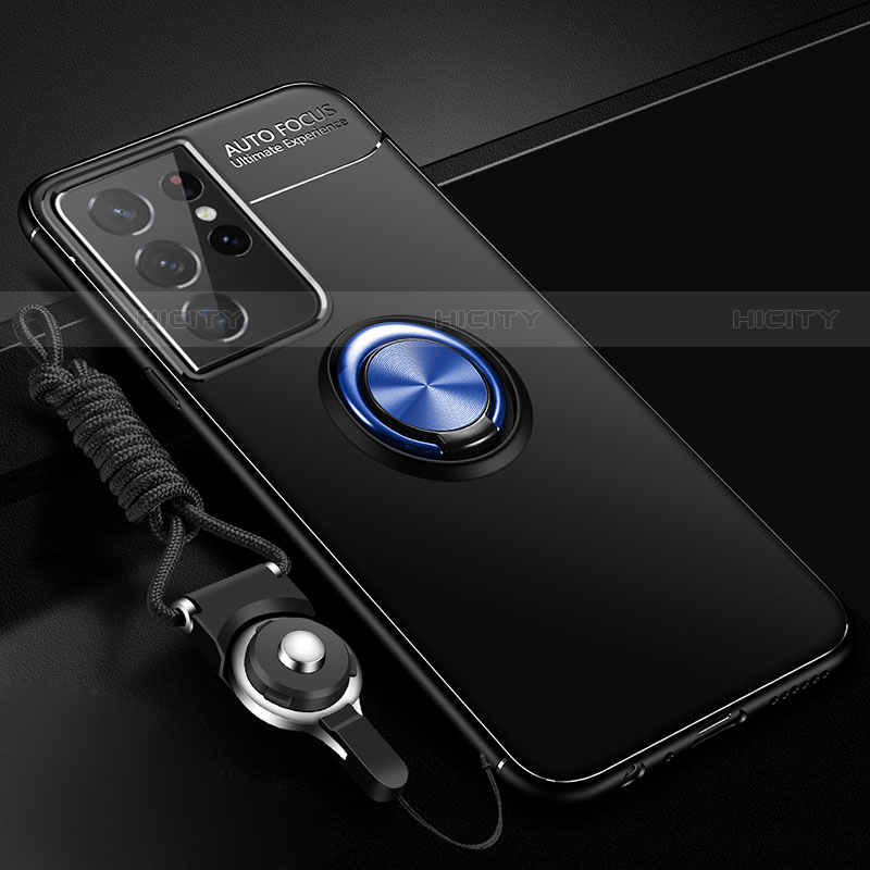 Silikon Hülle Handyhülle Ultra Dünn Schutzhülle Tasche Flexible mit Magnetisch Fingerring Ständer A02 für Samsung Galaxy S23 Ultra 5G Blau und Schwarz