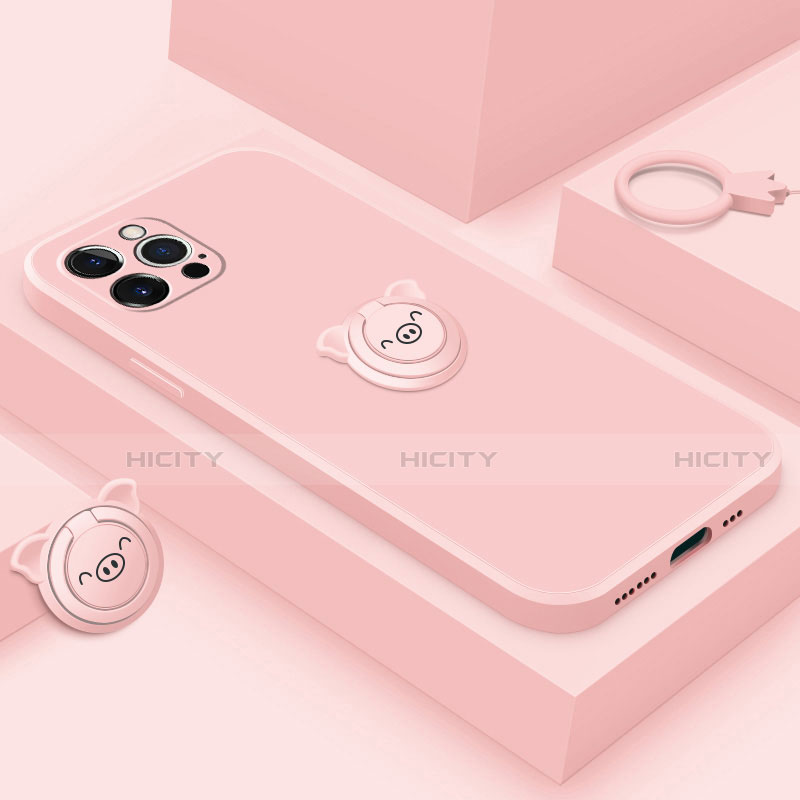 Silikon Hülle Handyhülle Ultra Dünn Schutzhülle Tasche Flexible mit Magnetisch Fingerring Ständer A07 für Apple iPhone 15 Pro Rosegold Plus