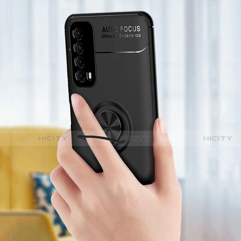 Silikon Hülle Handyhülle Ultra Dünn Schutzhülle Tasche Flexible mit Magnetisch Fingerring Ständer für Huawei Y7a groß