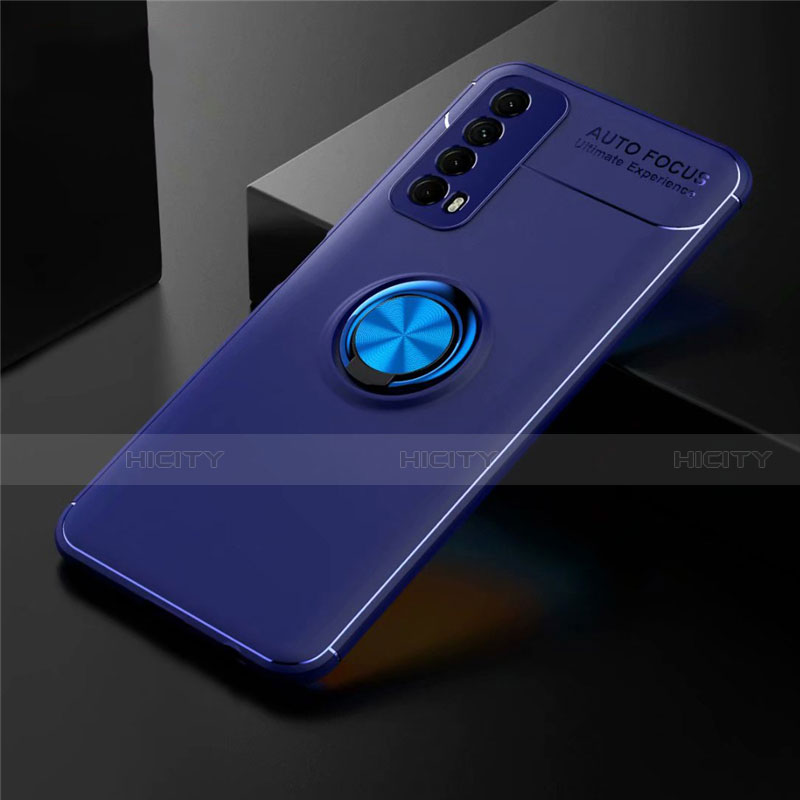 Silikon Hülle Handyhülle Ultra Dünn Schutzhülle Tasche Flexible mit Magnetisch Fingerring Ständer für Huawei Y7a Blau