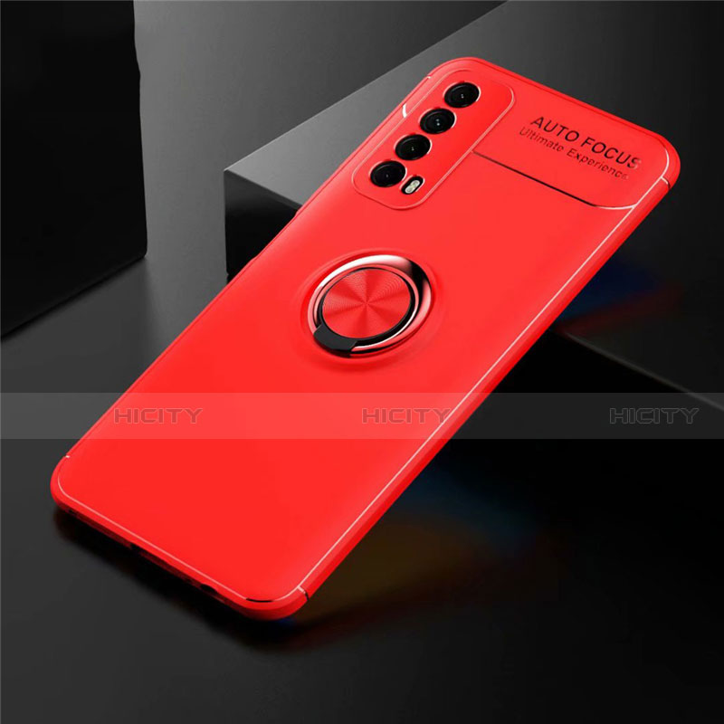 Silikon Hülle Handyhülle Ultra Dünn Schutzhülle Tasche Flexible mit Magnetisch Fingerring Ständer für Huawei Y7a Rot Plus