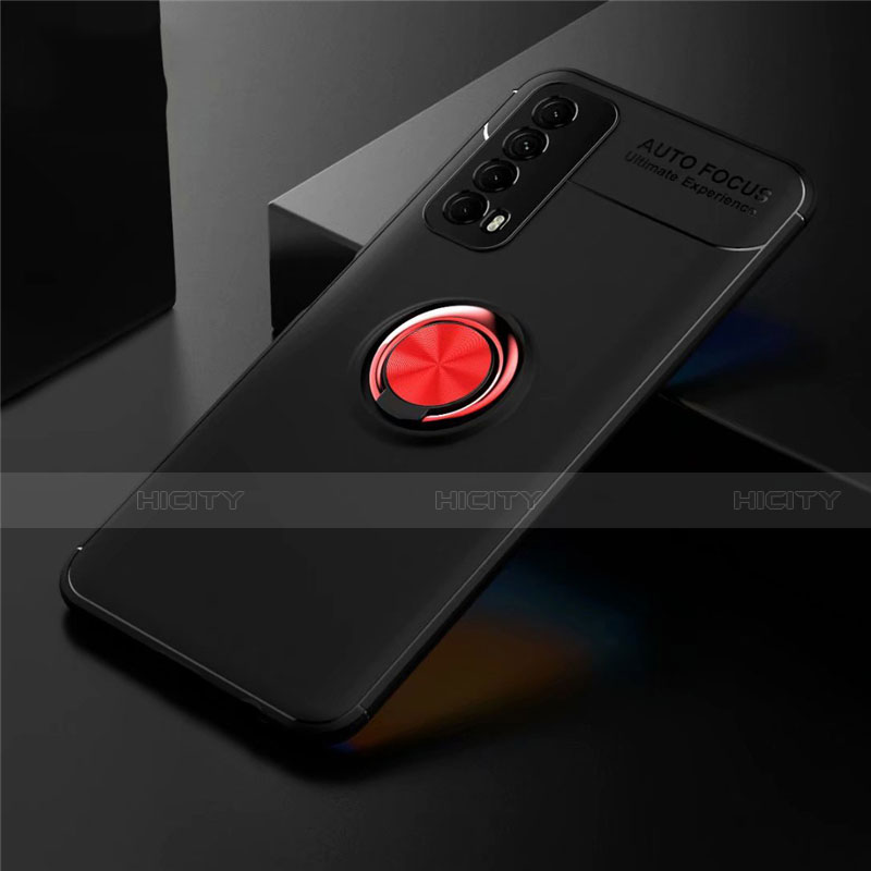 Silikon Hülle Handyhülle Ultra Dünn Schutzhülle Tasche Flexible mit Magnetisch Fingerring Ständer für Huawei Y7a Rot und Schwarz Plus