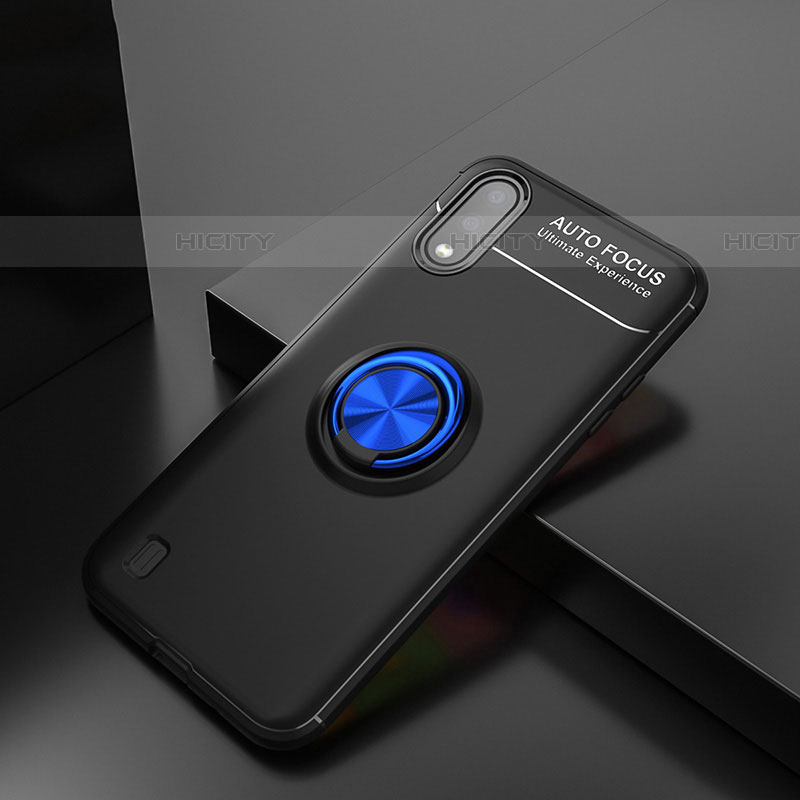 Silikon Hülle Handyhülle Ultra Dünn Schutzhülle Tasche Flexible mit Magnetisch Fingerring Ständer für Samsung Galaxy A01 SM-A015 Blau und Schwarz