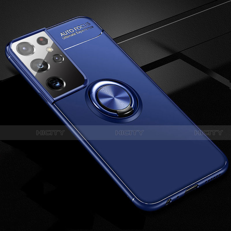 Silikon Hülle Handyhülle Ultra Dünn Schutzhülle Tasche Flexible mit Magnetisch Fingerring Ständer für Samsung Galaxy S21 Ultra 5G Blau Plus