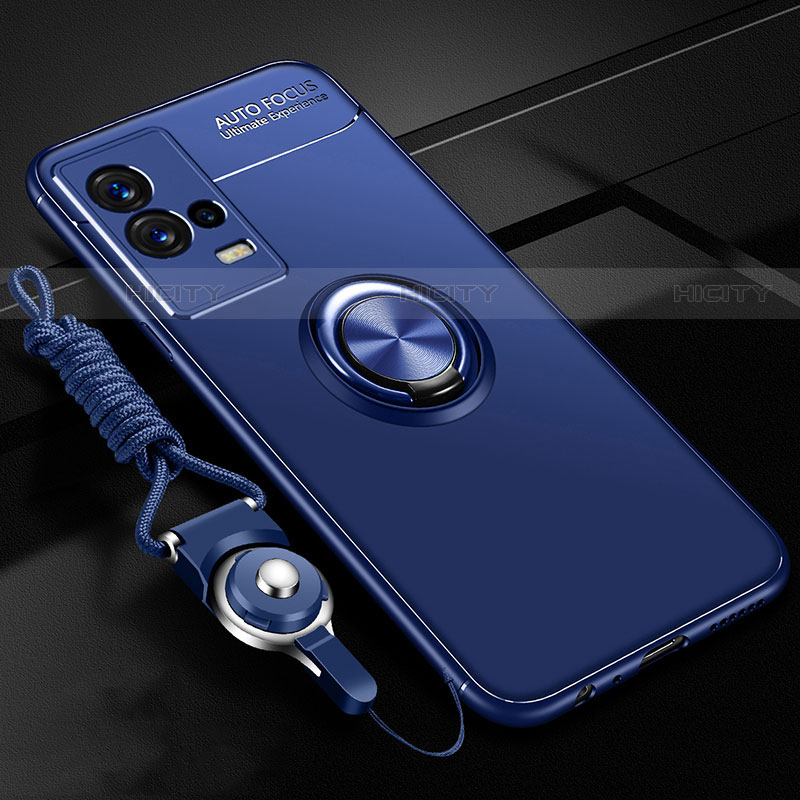Silikon Hülle Handyhülle Ultra Dünn Schutzhülle Tasche Flexible mit Magnetisch Fingerring Ständer für Vivo iQOO 8 5G Blau