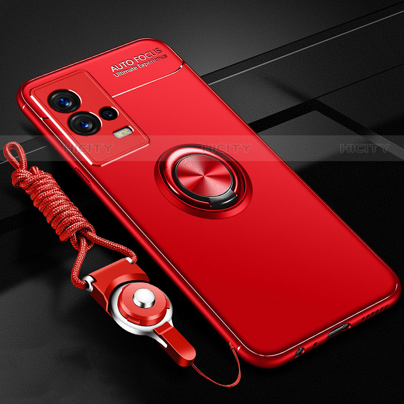 Silikon Hülle Handyhülle Ultra Dünn Schutzhülle Tasche Flexible mit Magnetisch Fingerring Ständer für Vivo iQOO 8 5G Rot Plus