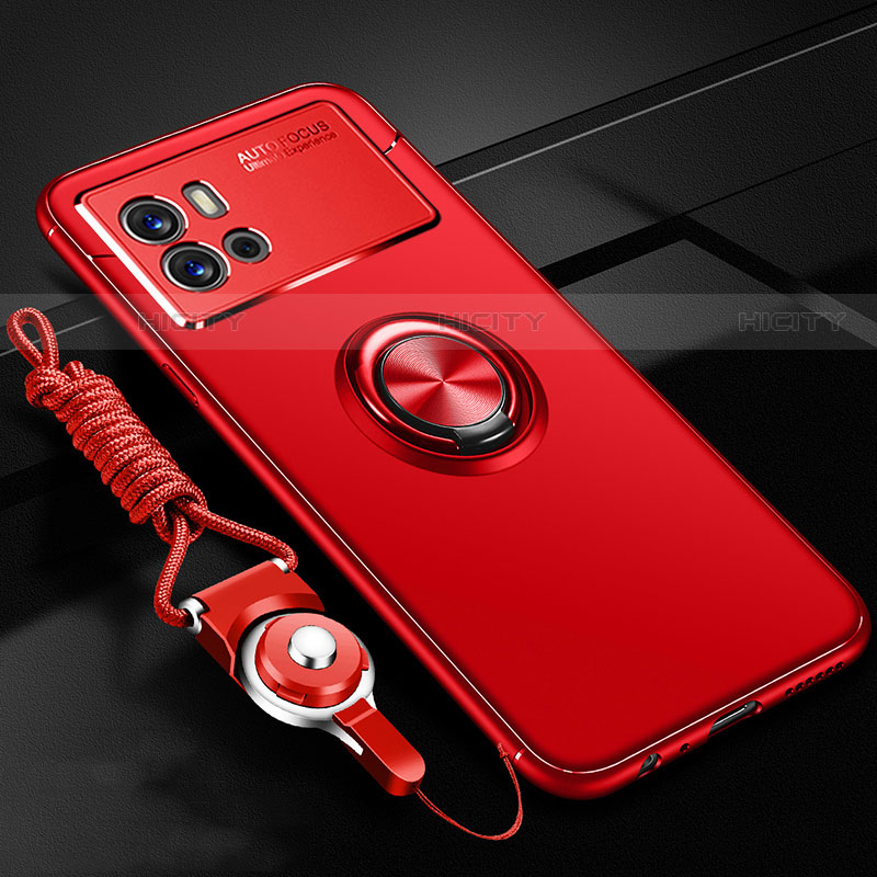 Silikon Hülle Handyhülle Ultra Dünn Schutzhülle Tasche Flexible mit Magnetisch Fingerring Ständer für Vivo iQOO 9 5G Rot