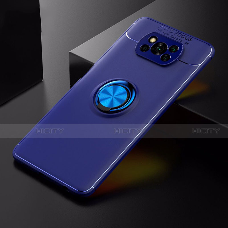 Silikon Hülle Handyhülle Ultra Dünn Schutzhülle Tasche Flexible mit Magnetisch Fingerring Ständer für Xiaomi Poco X3 Blau Plus
