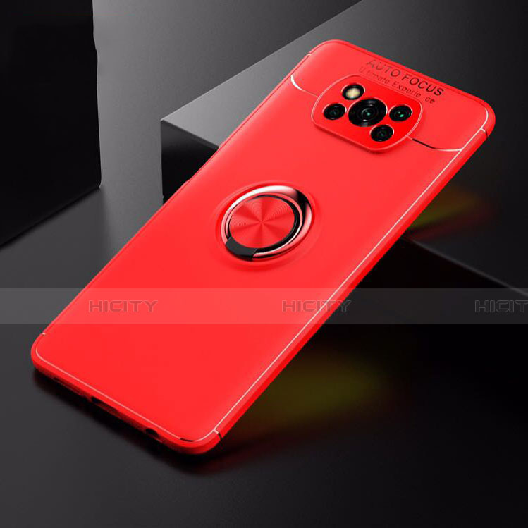 Silikon Hülle Handyhülle Ultra Dünn Schutzhülle Tasche Flexible mit Magnetisch Fingerring Ständer für Xiaomi Poco X3 NFC Rot