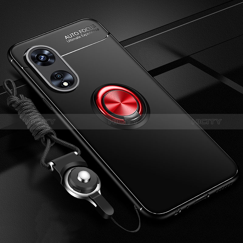 Silikon Hülle Handyhülle Ultra Dünn Schutzhülle Tasche Flexible mit Magnetisch Fingerring Ständer JM3 für Oppo A58 5G Rot und Schwarz