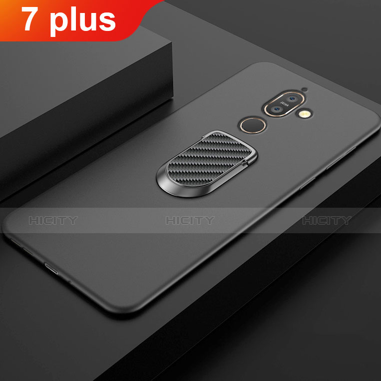 Silikon Hülle Handyhülle Ultra Dünn Schutzhülle Tasche Silikon mit Magnetisch Fingerring Ständer A01 für Nokia 7 Plus Schwarz Plus