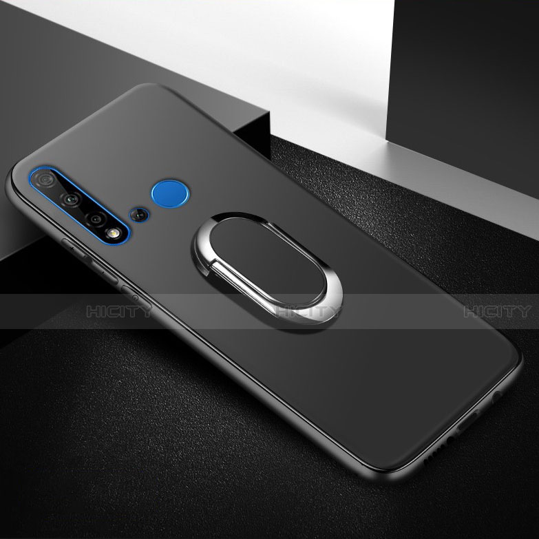 Silikon Hülle Handyhülle Ultra Dünn Schutzhülle Tasche Silikon mit Magnetisch Fingerring Ständer für Huawei Nova 5i Schwarz Plus