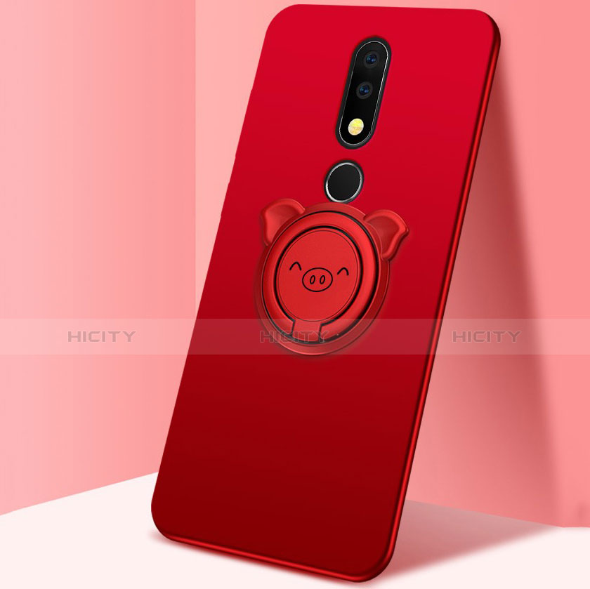 Silikon Hülle Handyhülle Ultra Dünn Schutzhülle Tasche Silikon mit Magnetisch Fingerring Ständer für Nokia X5 Rot Plus
