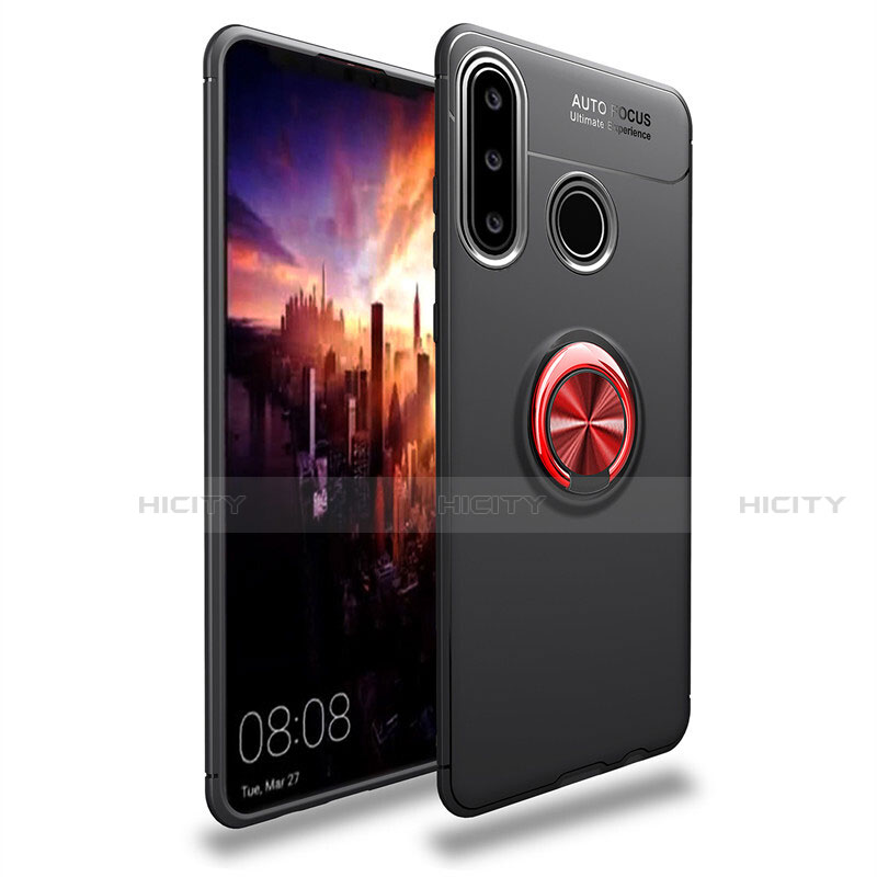 Silikon Hülle Handyhülle Ultra Dünn Schutzhülle Tasche Silikon mit Magnetisch Fingerring Ständer T03 für Huawei P30 Lite New Edition Rot und Schwarz