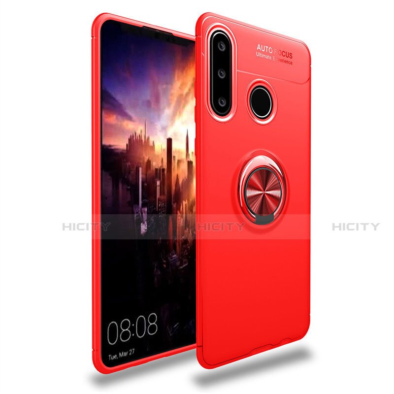 Silikon Hülle Handyhülle Ultra Dünn Schutzhülle Tasche Silikon mit Magnetisch Fingerring Ständer T03 für Huawei P30 Lite Rot Plus
