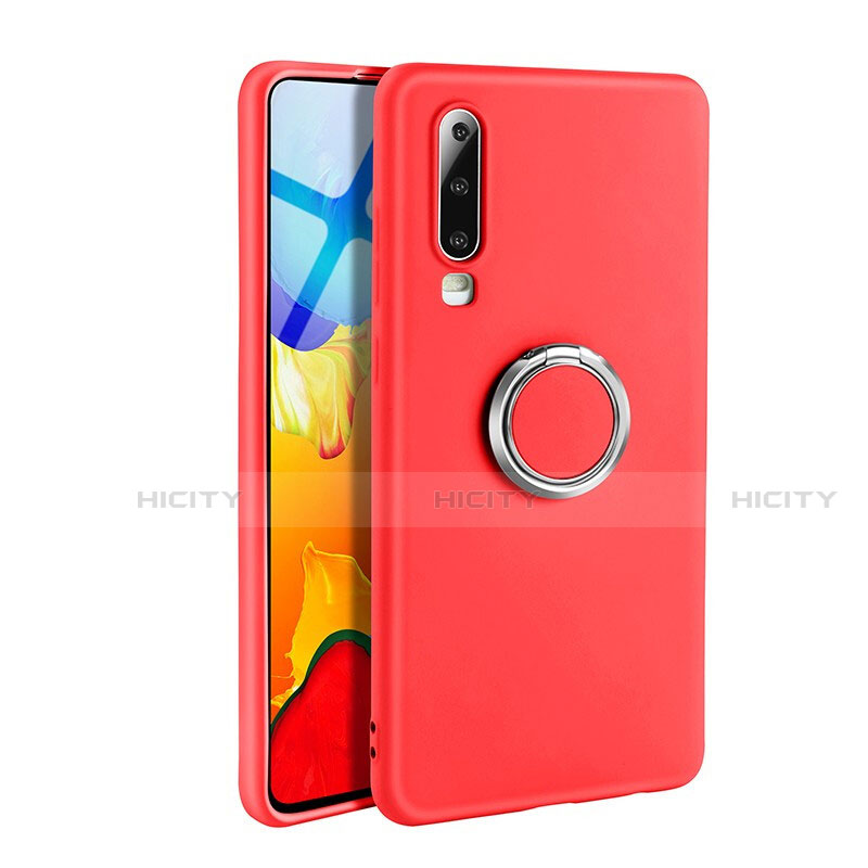 Silikon Hülle Handyhülle Ultra Dünn Schutzhülle Tasche Silikon mit Magnetisch Fingerring Ständer T04 für Huawei P30 Rot