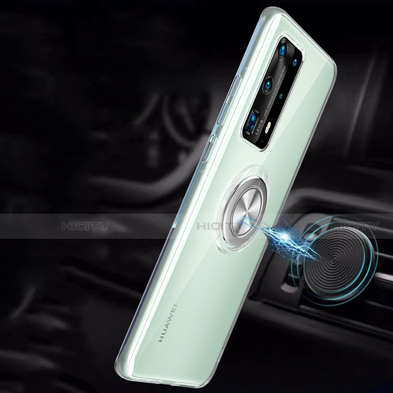 Silikon Hülle Handyhülle Ultradünn Schutzhülle Flexible Tasche Durchsichtig Transparent mit Magnetisch Fingerring Ständer C01 für Huawei P40 Pro+ Plus groß
