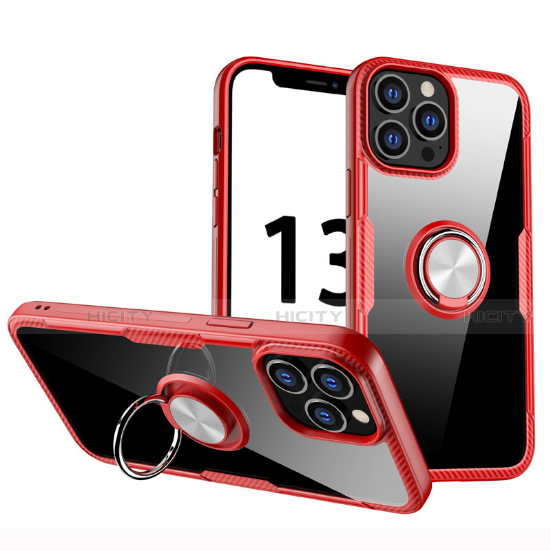 Silikon Hülle Handyhülle Ultradünn Schutzhülle Flexible Tasche Durchsichtig Transparent mit Magnetisch Fingerring Ständer S01 für Apple iPhone 13 Pro Rot Plus