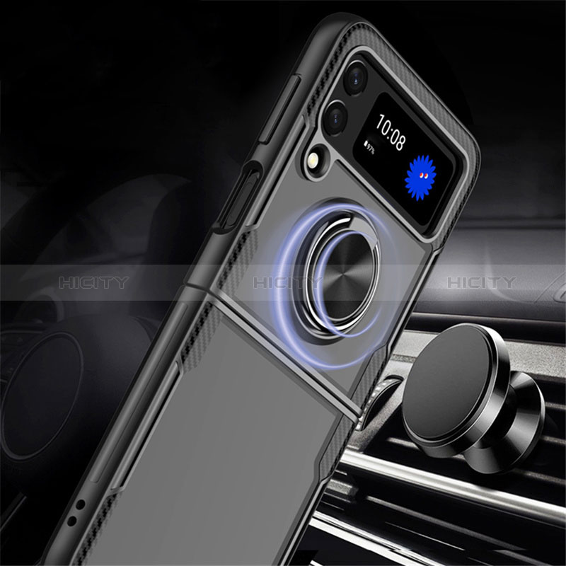 Silikon Hülle Handyhülle Ultradünn Schutzhülle Flexible Tasche Durchsichtig Transparent mit Magnetisch Fingerring Ständer S01 für Samsung Galaxy Z Flip3 5G groß