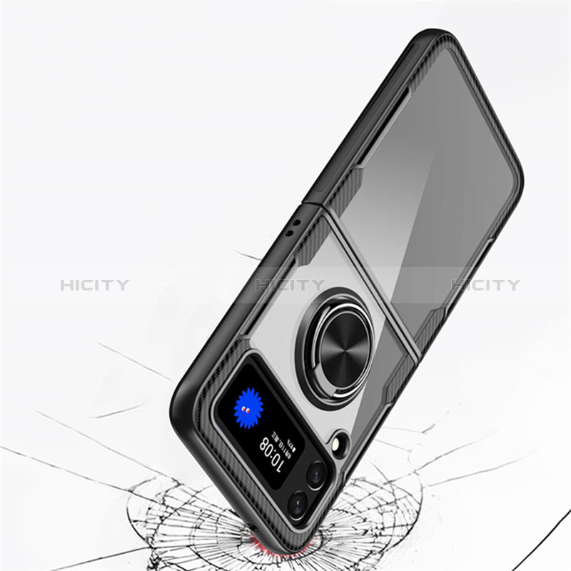 Silikon Hülle Handyhülle Ultradünn Schutzhülle Flexible Tasche Durchsichtig Transparent mit Magnetisch Fingerring Ständer S01 für Samsung Galaxy Z Flip3 5G groß