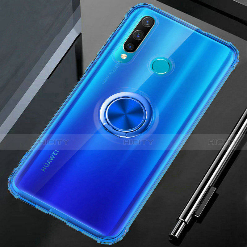 Silikon Hülle Handyhülle Ultradünn Schutzhülle Tasche Durchsichtig Transparent mit Magnetisch Fingerring Ständer C02 für Huawei P30 Lite Blau