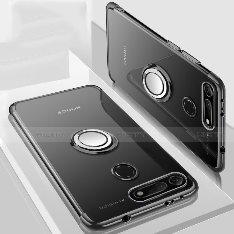 Silikon Hülle Handyhülle Ultradünn Schutzhülle Tasche Durchsichtig Transparent mit Magnetisch Fingerring Ständer C03 für Huawei Honor V20 Schwarz Plus