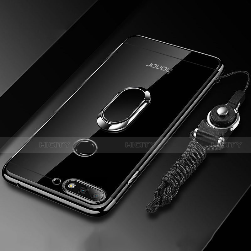 Silikon Hülle Handyhülle Ultradünn Schutzhülle Tasche Durchsichtig Transparent mit Magnetisch Fingerring Ständer S01 für Huawei Enjoy 8e Schwarz