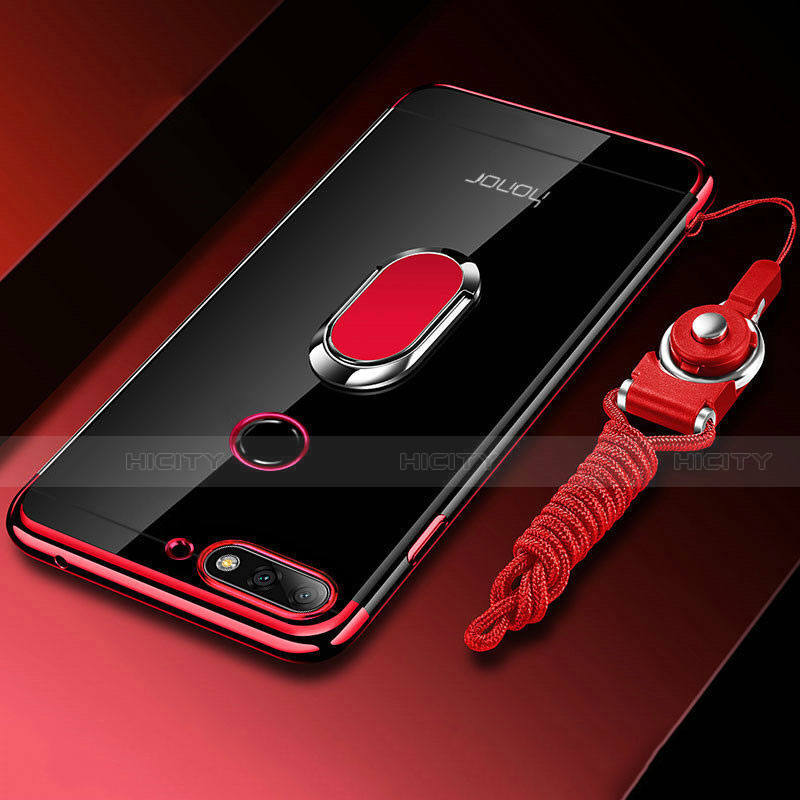 Silikon Hülle Handyhülle Ultradünn Schutzhülle Tasche Durchsichtig Transparent mit Magnetisch Fingerring Ständer S01 für Huawei Y6 Prime (2018) Rot